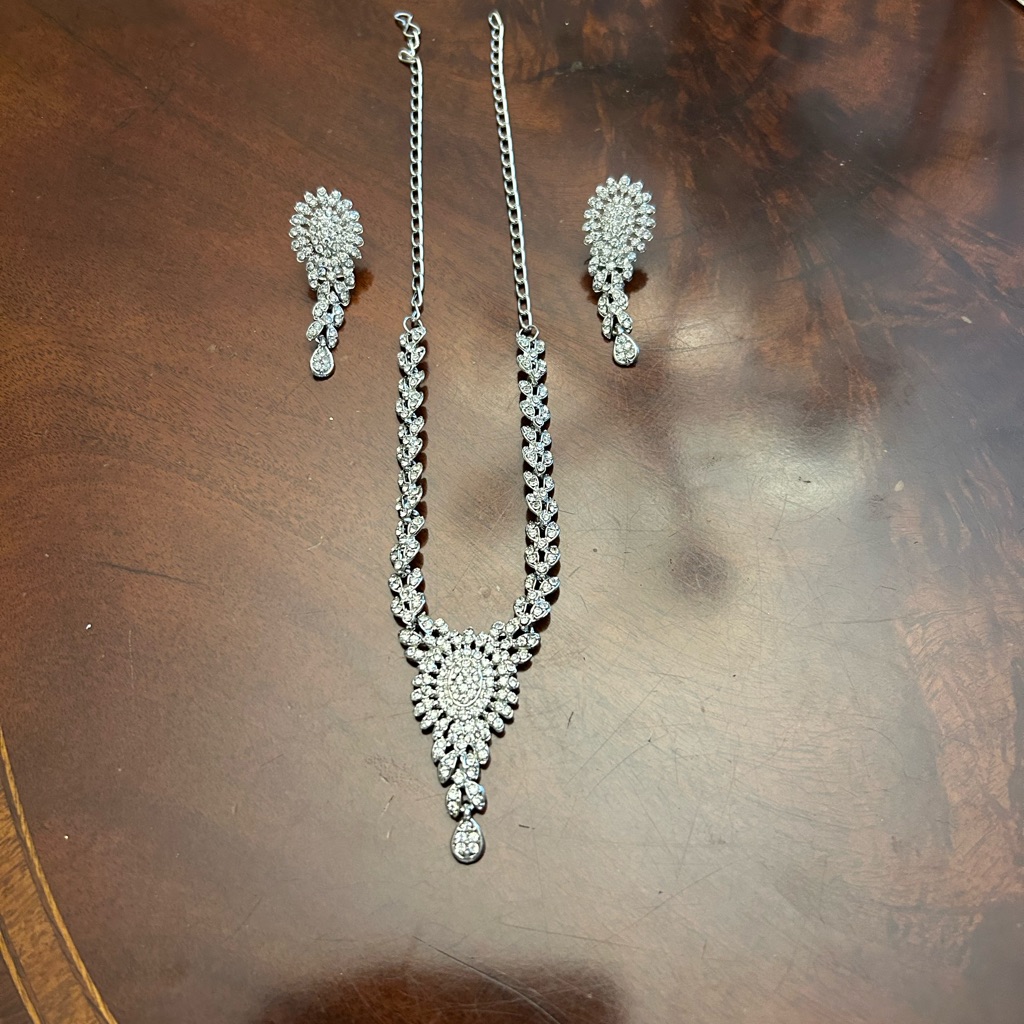 Silver Tone With Faux Diamond Necklace And Earring Set